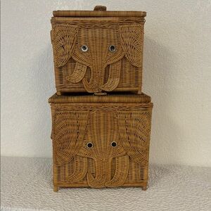 Two Adorable Vintage Elephant Design Wicker Storage Trunks/Baskets - Brown